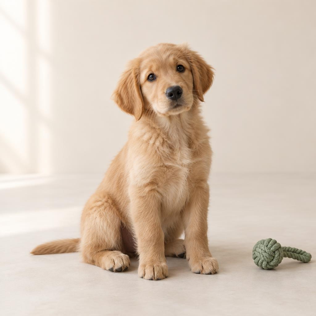 Ein junger Golden-Retriever-Welpe sitzt ruhig neben einem Spielzeug